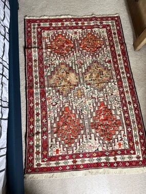 Persian Carpet Handwoven Geometric Accent Rug in Red, Orange, Cream